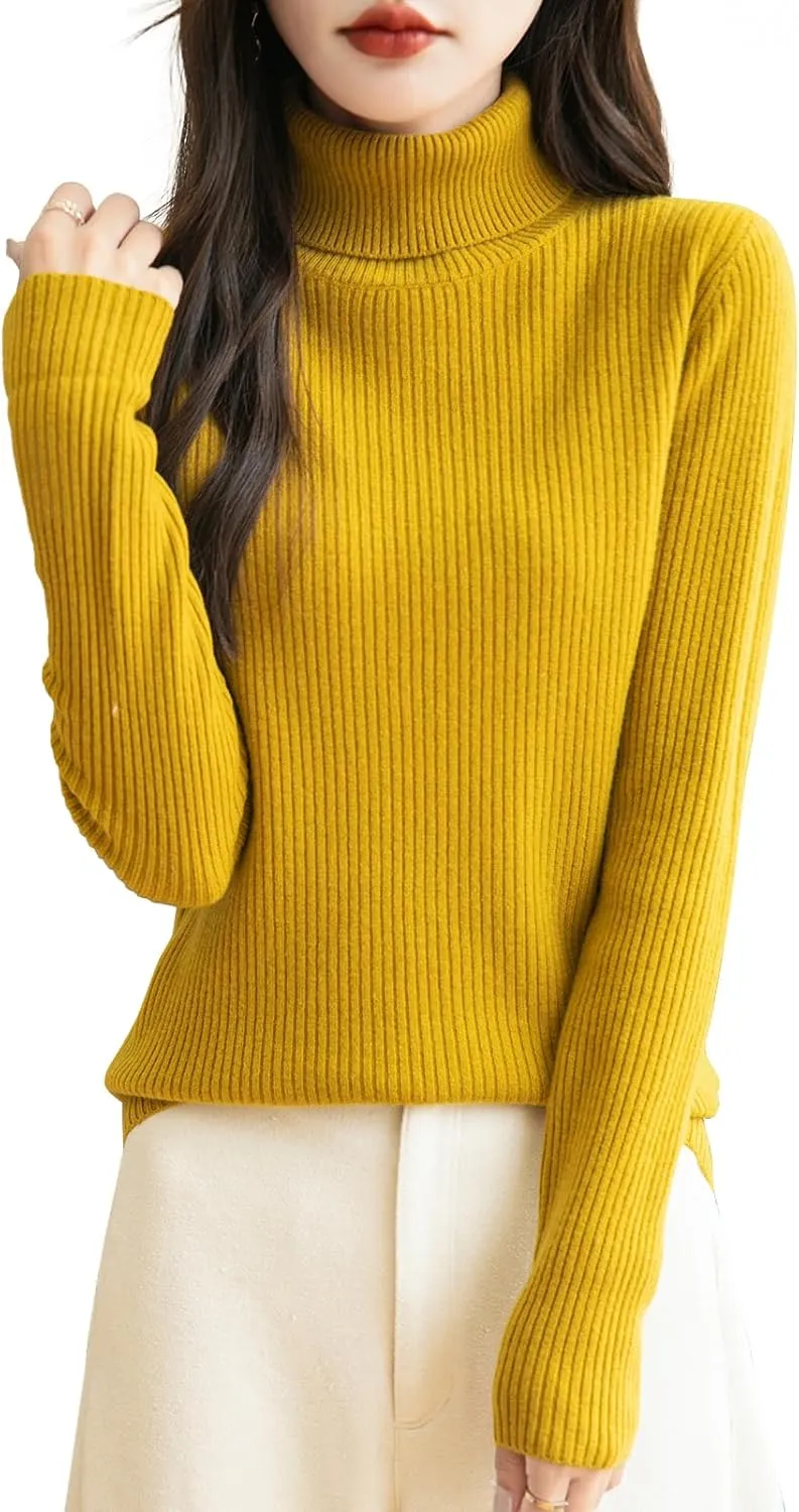 Women's 100% Merino Wool Turtleneck Sweater 2025 Fall Winter Long Sleeve Warm Soft Ribbed Knit Pullover Sweater