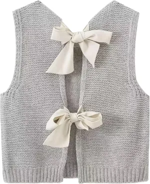 Womens Cute Bow Tie Open Back Cropped Sweater Vest Knit Tank Tops Y2k Girls Sleeveless Cardigan Pullover Shirts