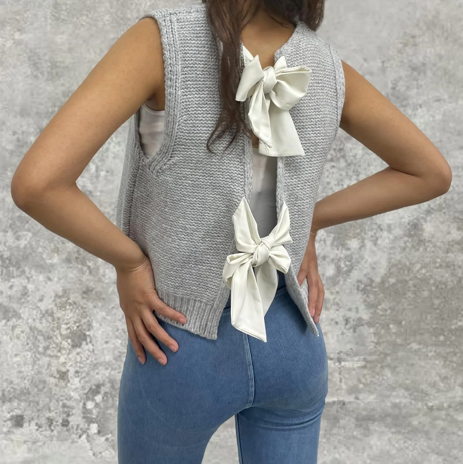 Womens Cute Bow Tie Open Back Cropped Sweater Vest Knit Tank Tops Y2k Girls Sleeveless Cardigan Pullover Shirts
