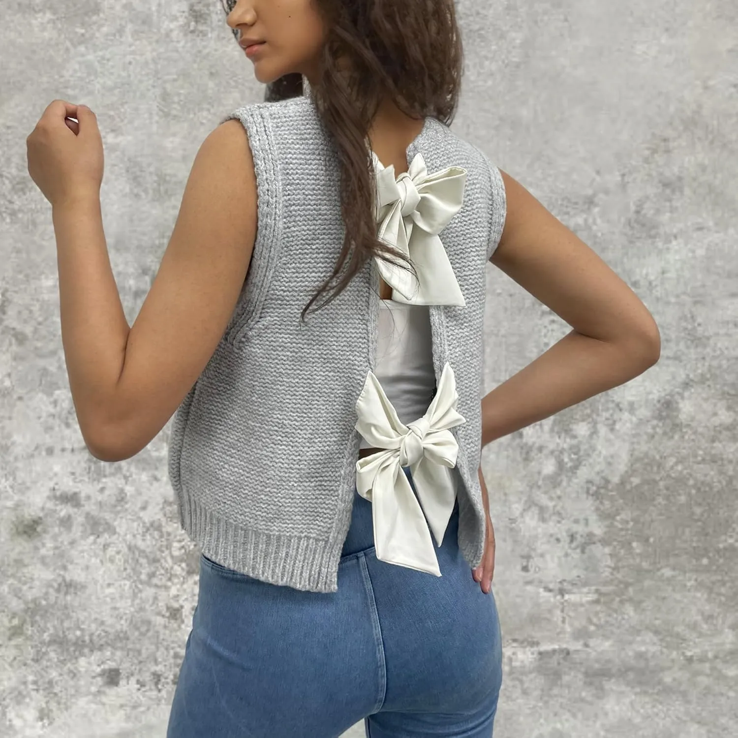 Womens Cute Bow Tie Open Back Cropped Sweater Vest Knit Tank Tops Y2k Girls Sleeveless Cardigan Pullover Shirts