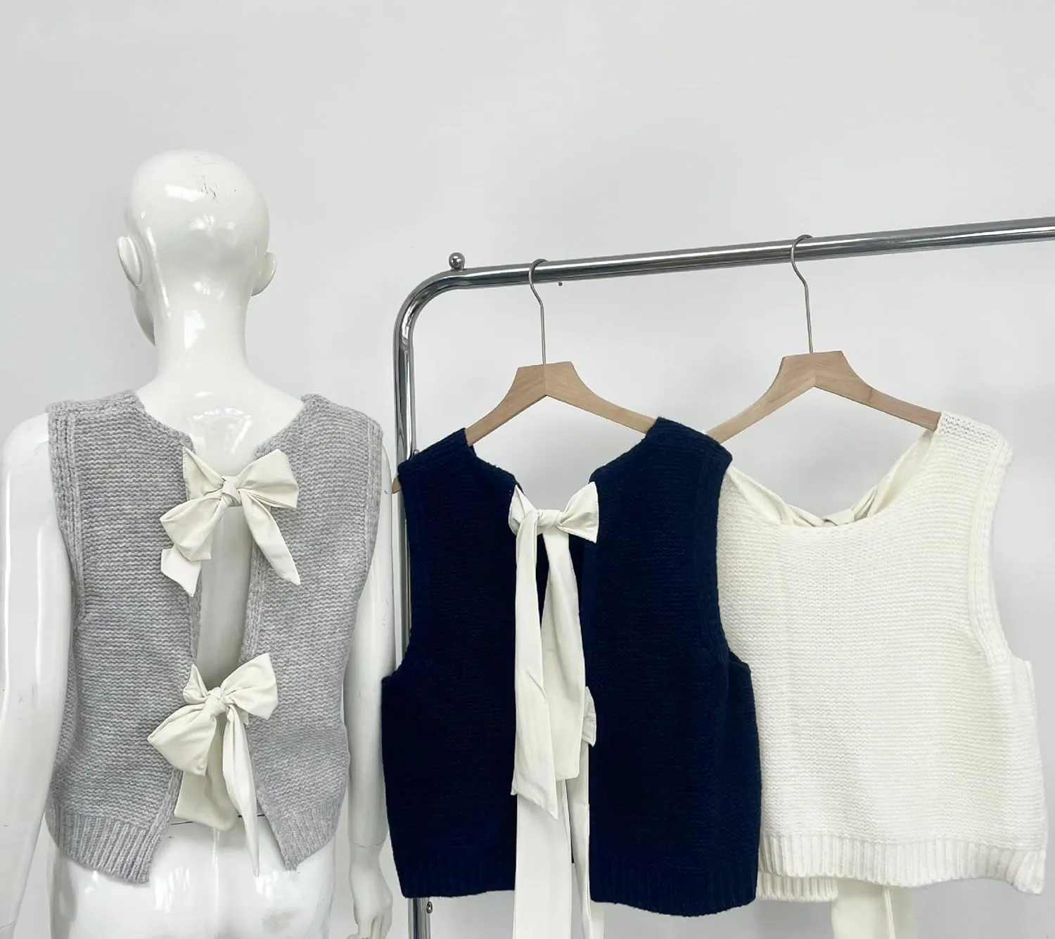 Womens Cute Bow Tie Open Back Cropped Sweater Vest Knit Tank Tops Y2k Girls Sleeveless Cardigan Pullover Shirts