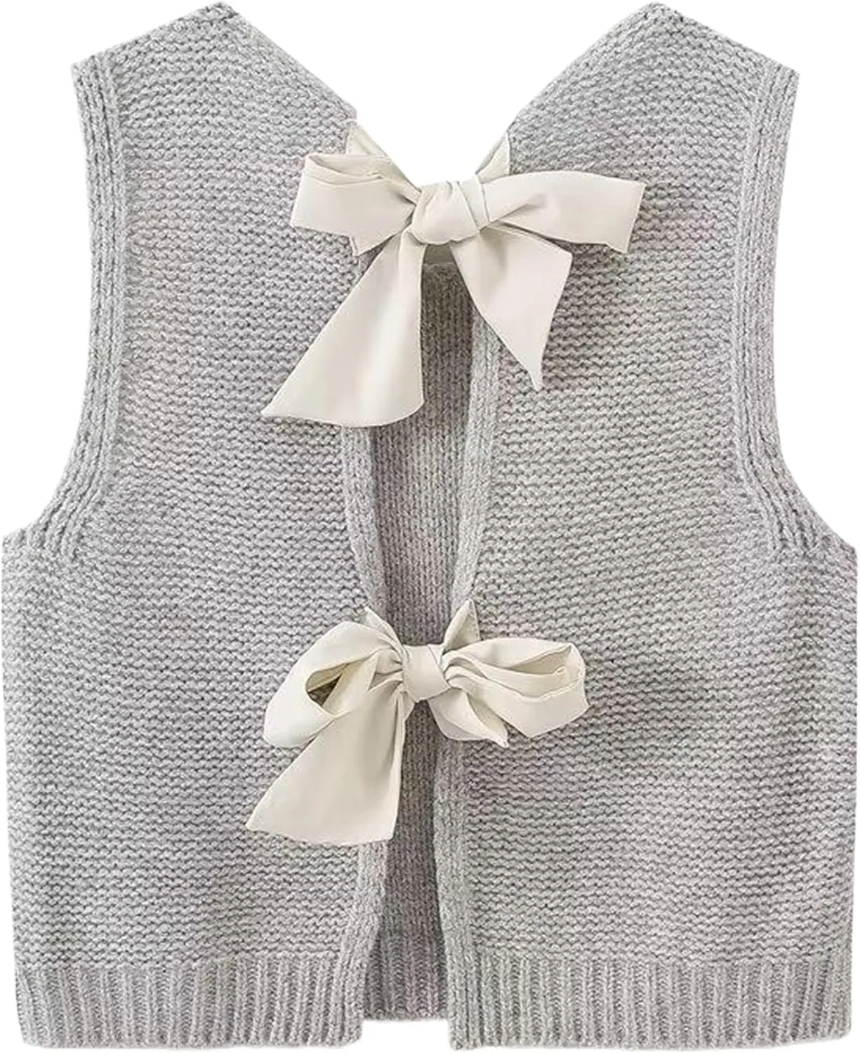 Womens Cute Bow Tie Open Back Cropped Sweater Vest Knit Tank Tops Y2k Girls Sleeveless Cardigan Pullover Shirts