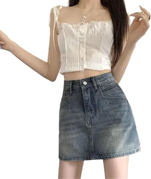Women's Skirt Female's Retro Denim with High Waist Mini Skirts