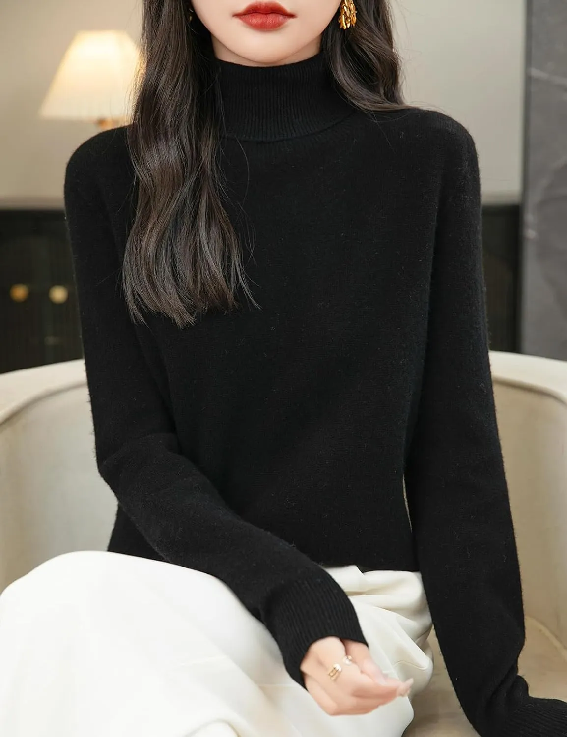Women's Turtleneck 100% Merino Wool 2025 First-Line Ready to Wear Fall Winter Seamless Knit Pullover Sweater