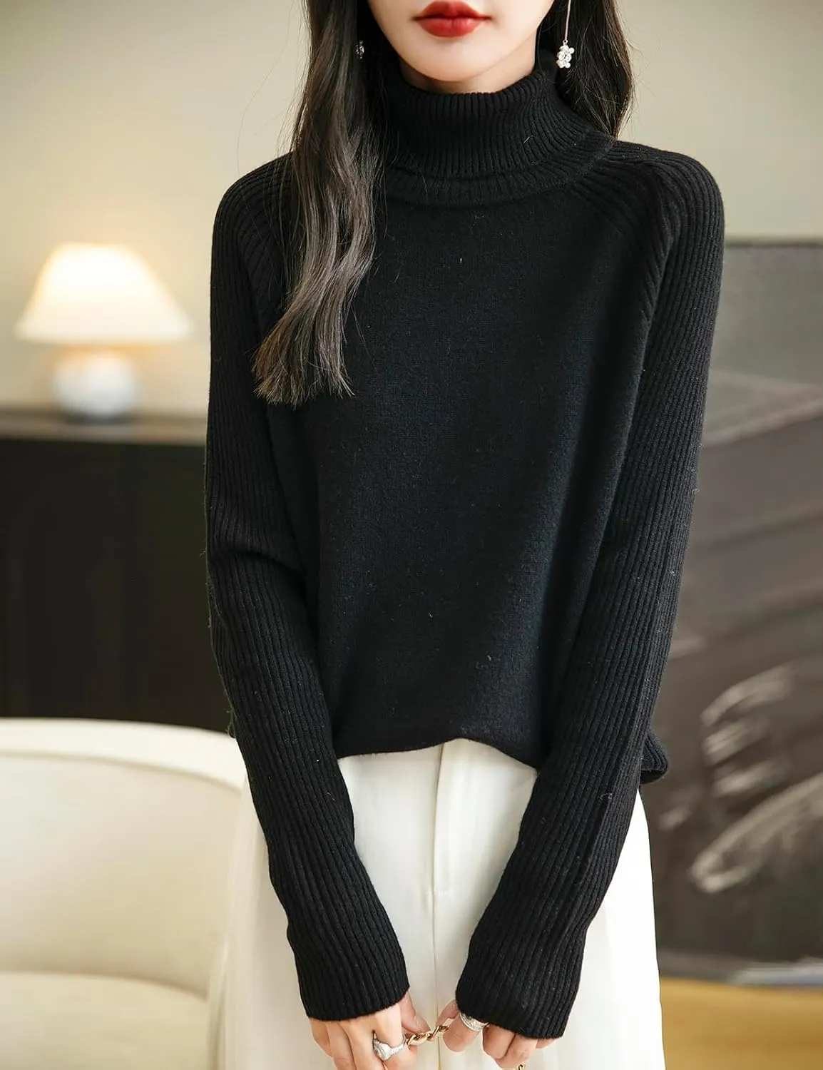 Women's Turtleneck 100% Merino Wool Sweater 2025 Fall Winter Classic Warm Soft Raglan Long Sleeve Knit Sweater