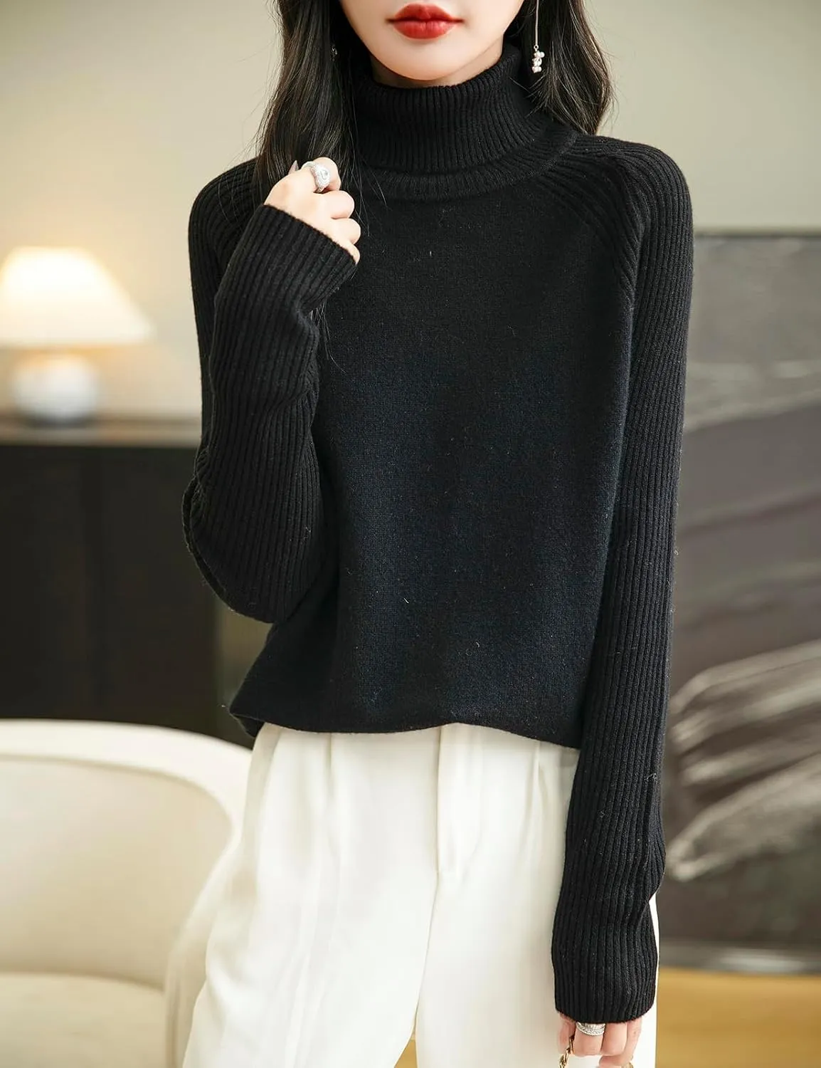 Women's Turtleneck 100% Merino Wool Sweater 2025 Fall Winter Classic Warm Soft Raglan Long Sleeve Knit Sweater