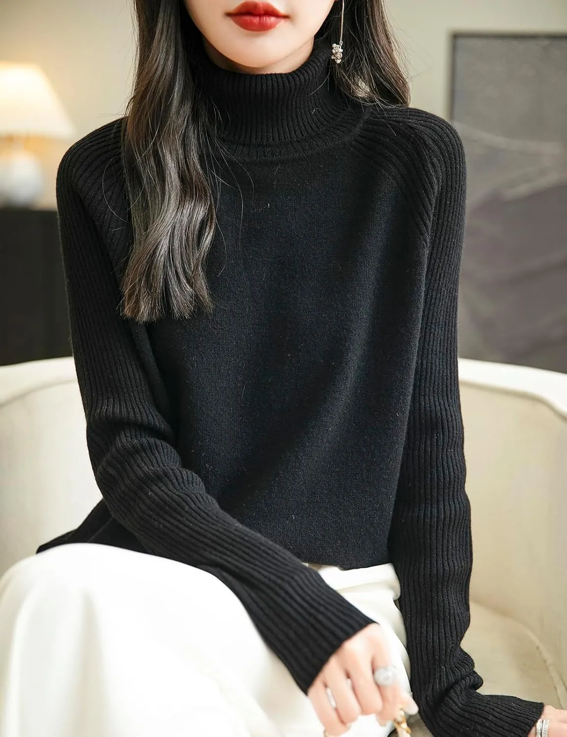 Women's Turtleneck 100% Merino Wool Sweater 2025 Fall Winter Classic Warm Soft Raglan Long Sleeve Knit Sweater