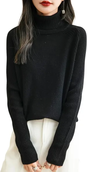 Women's Turtleneck 100% Merino Wool Sweater 2025 Fall Winter Classic Warm Soft Raglan Long Sleeve Knit Sweater