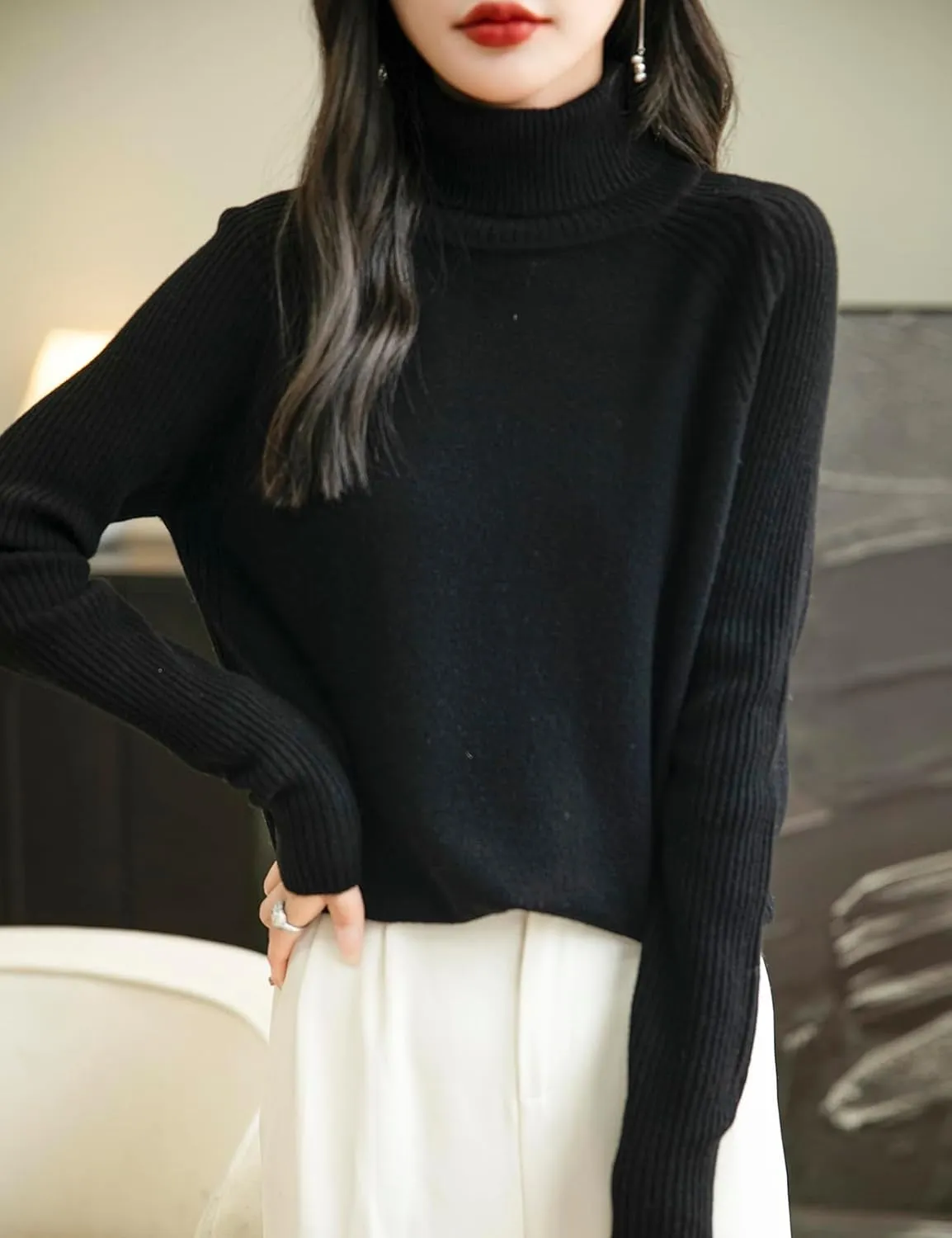 Women's Turtleneck 100% Merino Wool Sweater 2025 Fall Winter Classic Warm Soft Raglan Long Sleeve Knit Sweater
