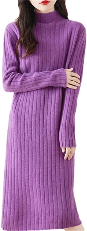 Women's Wool Knit Dress Long Sleeve Turtleneck Solid Straight Midi Sweaters Dresses