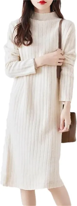 Women's Wool Knit Dress Long Sleeve Turtleneck Solid Straight Midi Sweaters Dresses