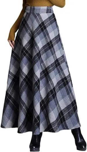 Women's Wool Maxi Skirt A-Line Thick Vintage Plaid Pleated Skirt Autumn Winter Warm Elastic Waist Long Skirts