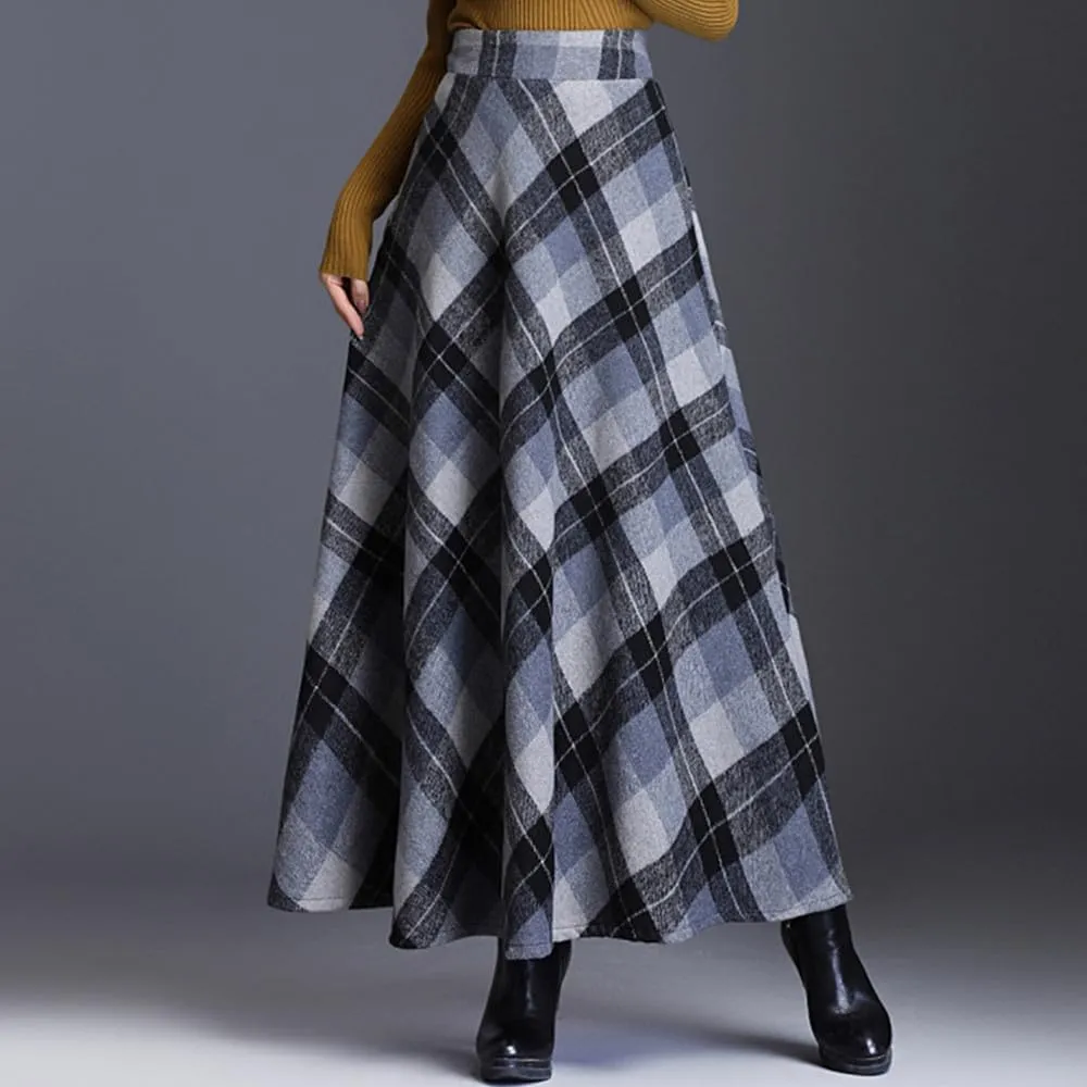 Women's Wool Maxi Skirt A-Line Thick Vintage Plaid Pleated Skirt Autumn Winter Warm Elastic Waist Long Skirts