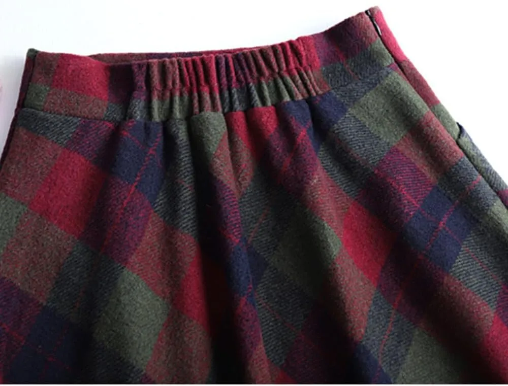 Women's Wool Maxi Skirt A-Line Thick Vintage Plaid Pleated Skirt Autumn Winter Warm Elastic Waist Long Skirts