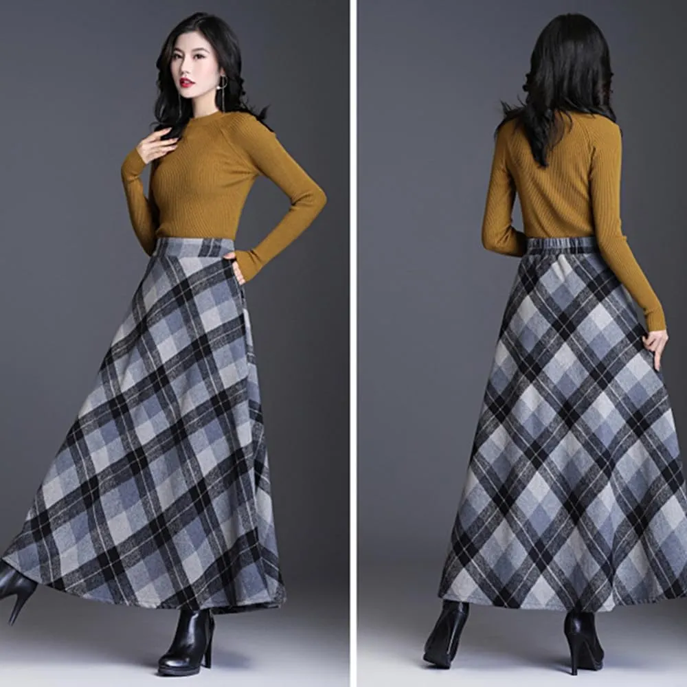 Women's Wool Maxi Skirt A-Line Thick Vintage Plaid Pleated Skirt Autumn Winter Warm Elastic Waist Long Skirts