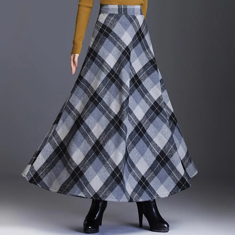 Women's Wool Maxi Skirt A-Line Thick Vintage Plaid Pleated Skirt Autumn Winter Warm Elastic Waist Long Skirts