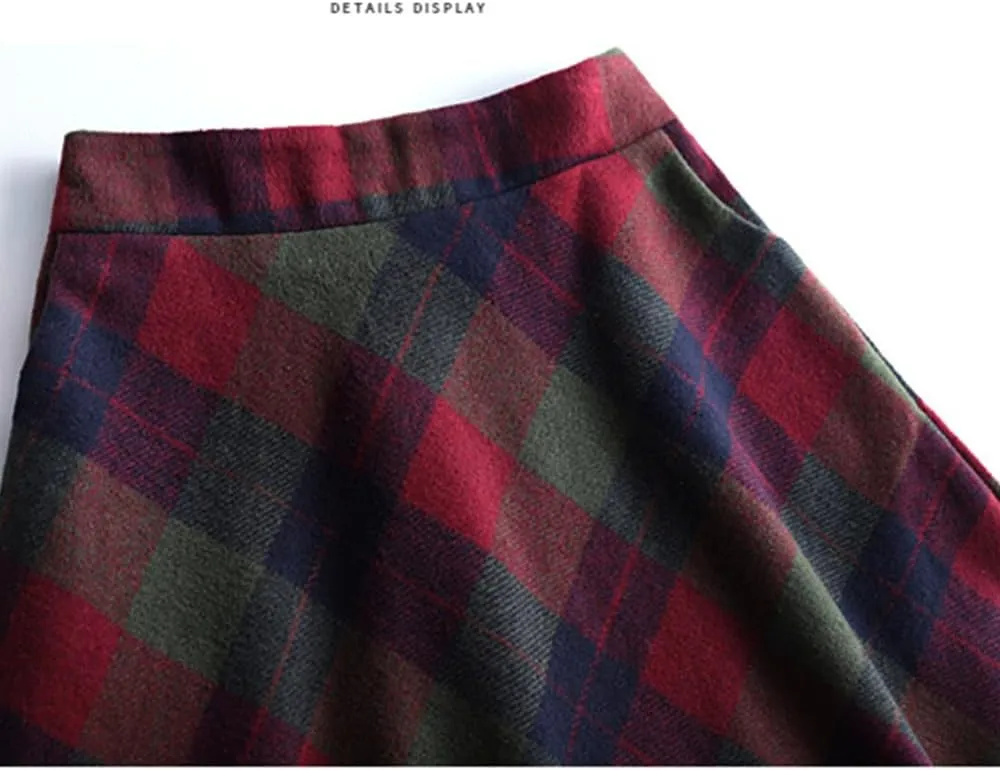 Women's Wool Maxi Skirt A-Line Thick Vintage Plaid Pleated Skirt Autumn Winter Warm Elastic Waist Long Skirts