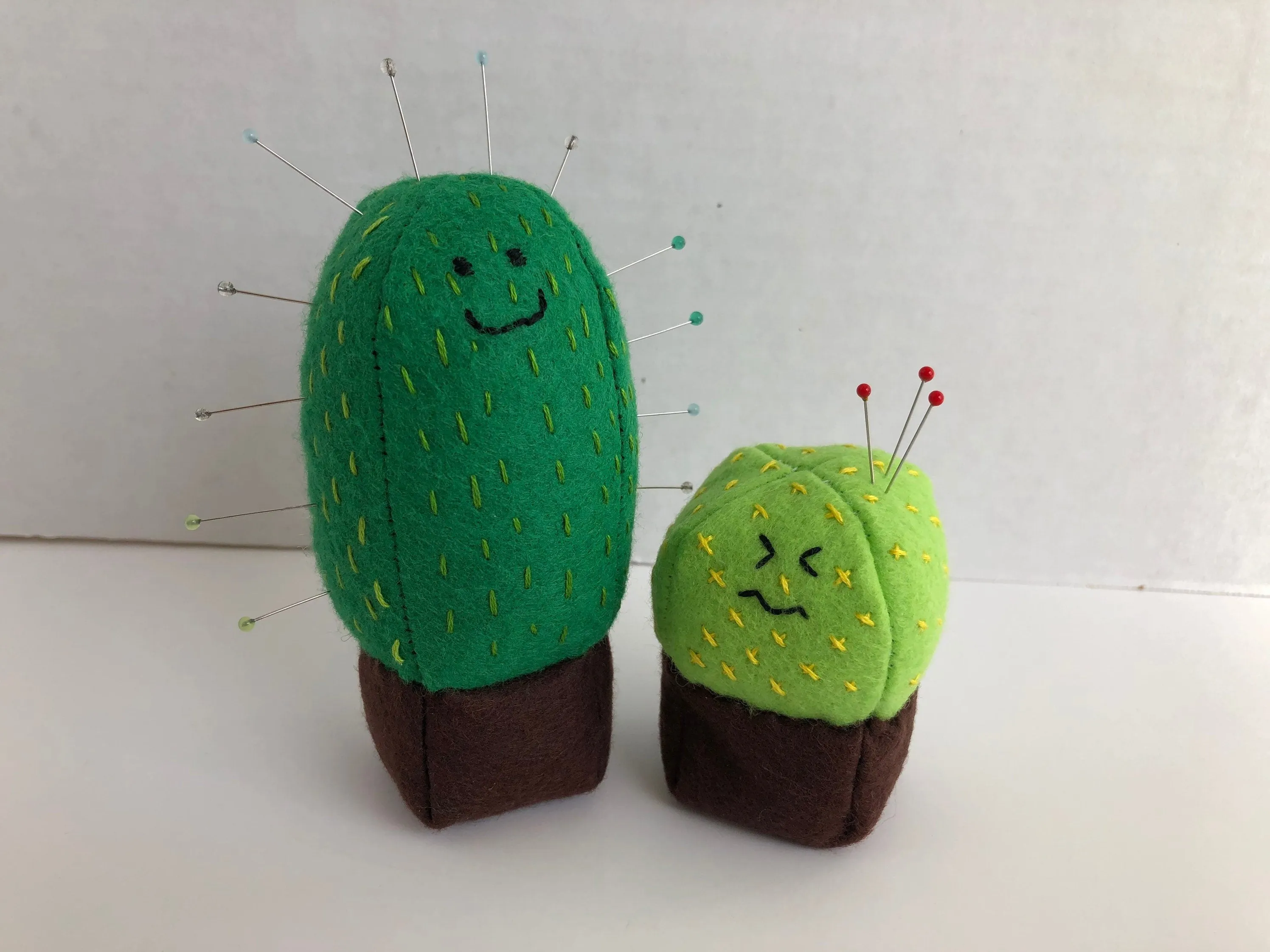 Wool Felt Cactus Pincushions Set of Two, Hand Embroidered