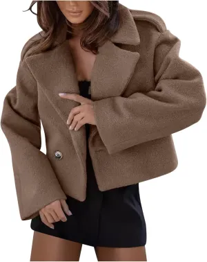 XUNRYAN Womens Classic Trench Coat Cropped Notch Lapel Wool-Blend Jacket Casual Button Peacoat Winter Fall Fashion Outerwear