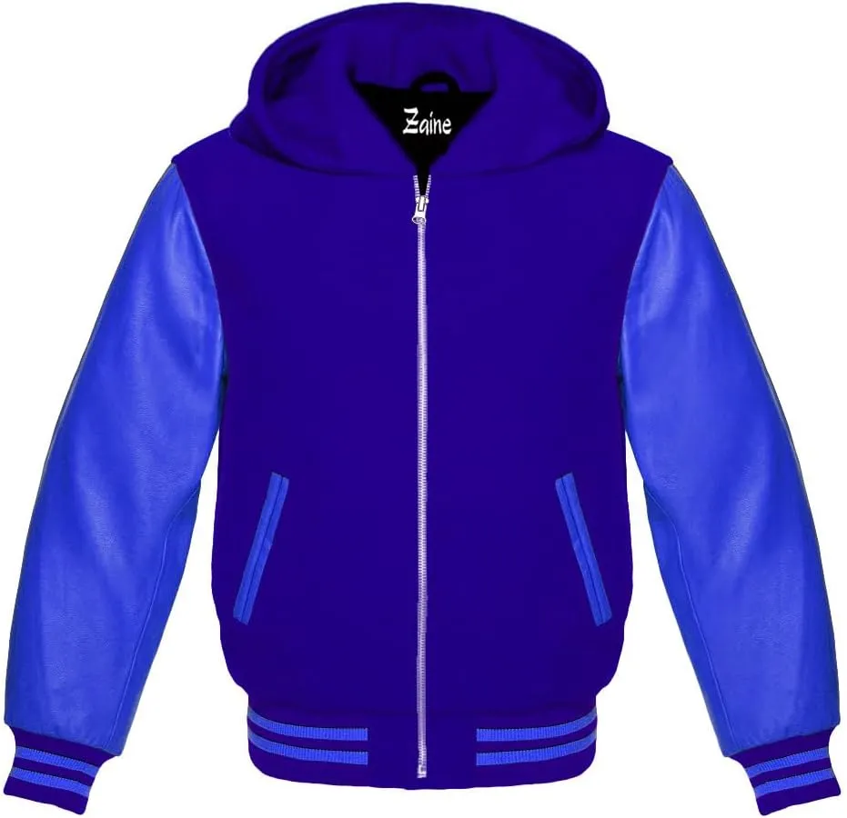 Zaine Enterprises Varsity Hoodie Letterman Baseball Wool & Genuine Leather Royal Blue Sleeves Zipper Jacket