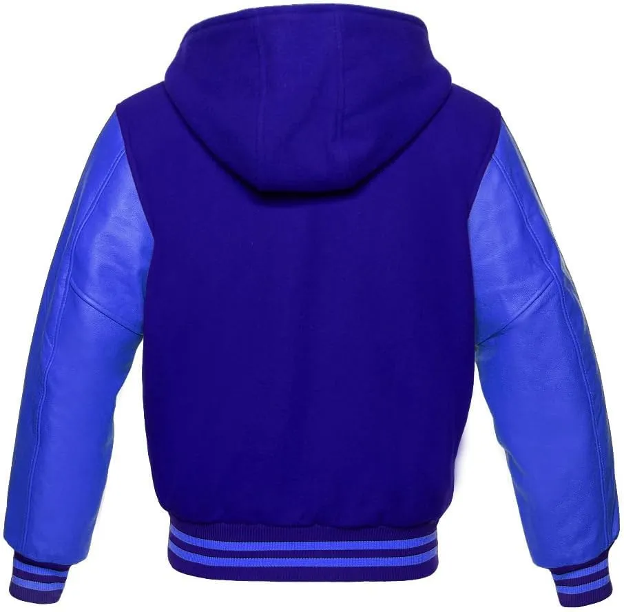 Zaine Enterprises Varsity Hoodie Letterman Baseball Wool & Genuine Leather Royal Blue Sleeves Zipper Jacket