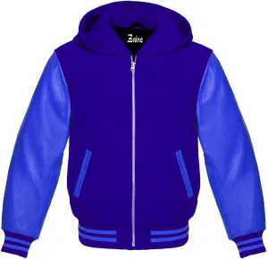 Zaine Enterprises Varsity Hoodie Letterman Baseball Wool & Genuine Leather Royal Blue Sleeves Zipper Jacket